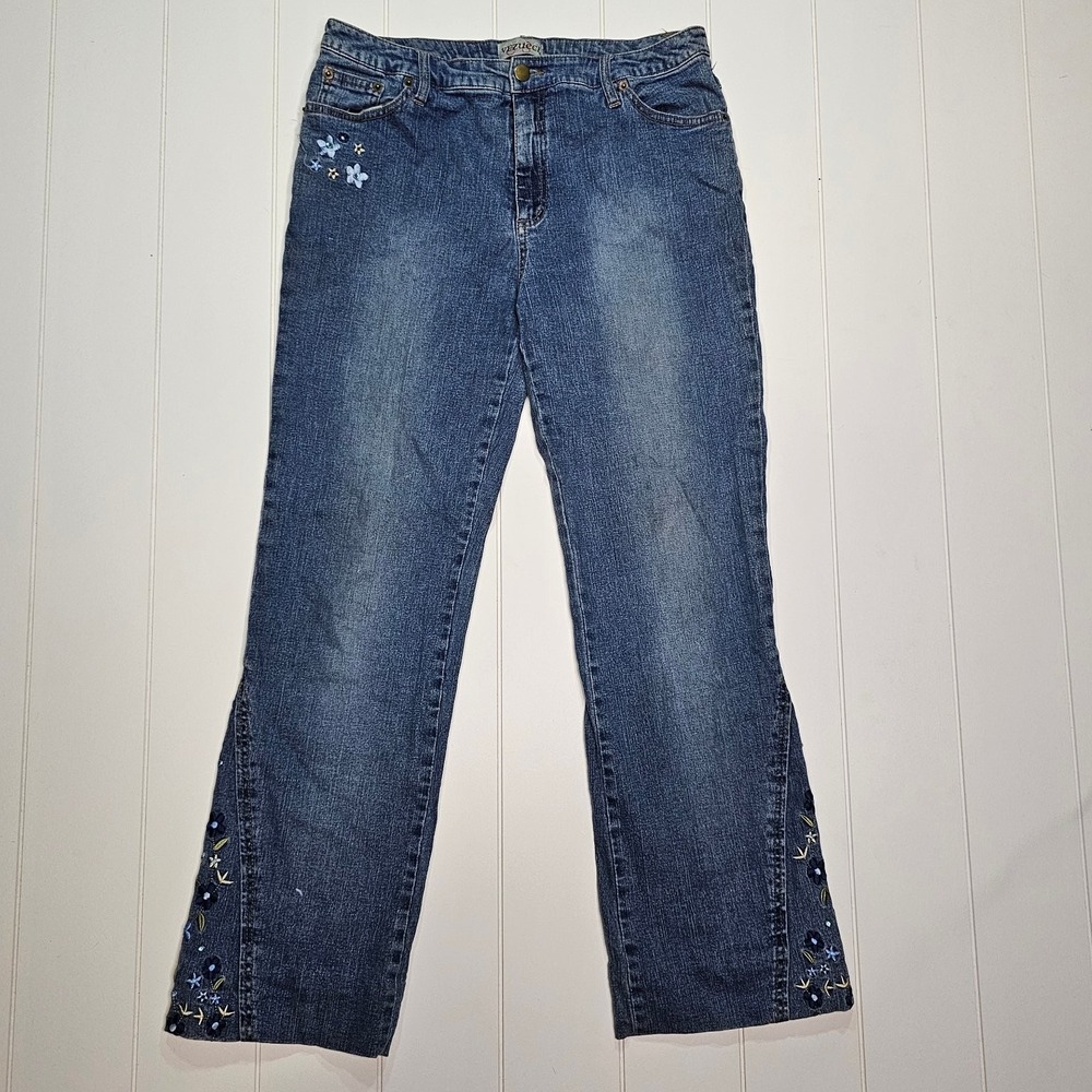 Vezucci Women's Blue Denim Jeans Size 12 Floral Embroidered Stretch